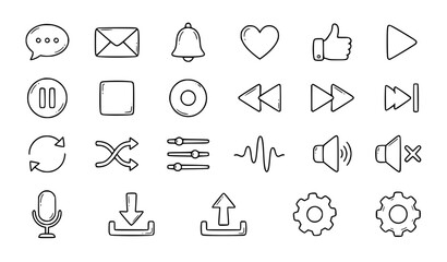 Fototapeta premium Minimal Doodle Media Controls and Message Icons Collection Outline Vector Set