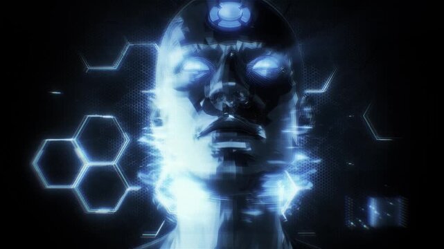 A looping background sequence of digital data style details featuring an AI avatar theme, depicting various concepts including false constructs, AI control and surveillance.
