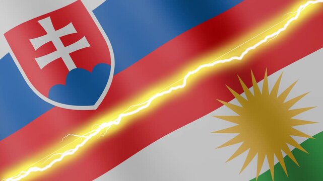 Two waving flags Slovakia and Kurdistan with diagonal lightning seamless, 4k loop
