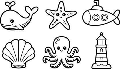 Cute marine life and nautical icons set featuring whale starfish submarine seashell octopus and lighthouse nautical starfish submarine seashell lighthouse underwater collection illustration © MstAsmaAkter