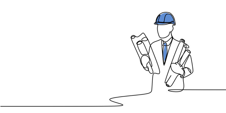 One line construction worker, minimalist continuous line drawing, builder and construction industry concept