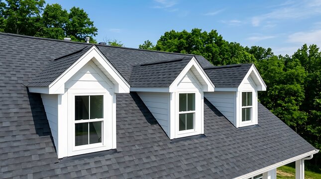 Modern house roof with three white dormer windows and asphalt shingles under a clear blue summer sky with green trees