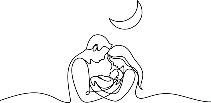 Minimalist continuous line drawing of parents cradling their newborn baby under a moon with parenting continuous minimalist maternity parenthood illustration togetherness affection devotion