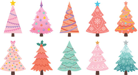 Obraz premium Set of colorful pastel Christmas tree vectors with cute decorations stars snowflakes and ornaments isolated on a white background for holiday design cards.