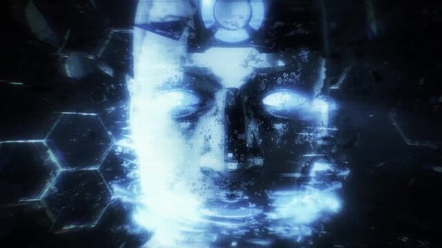 A looping background sequence of digital data style details featuring an AI avatar theme, depicting various concepts including false constructs, AI control and surveillance.