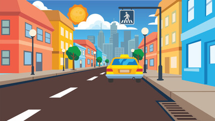 Obraz premium Flat style city street vector illustration with yellow cab and buildings and town street scene with sunny sky