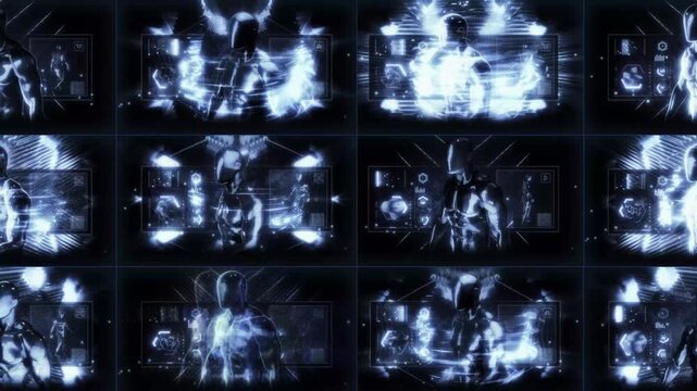 A looping background sequence of digital data style details featuring an AI avatar theme, depicting various concepts including false constructs, AI control and surveillance.