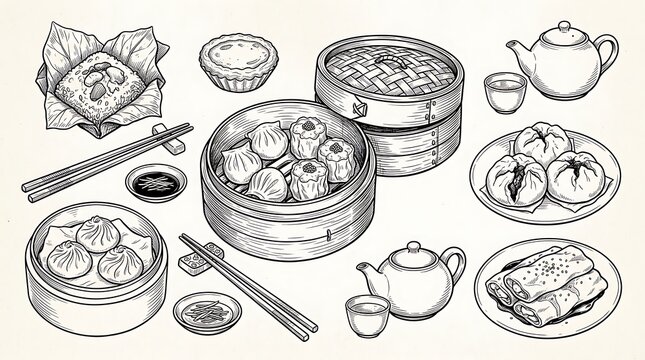 Set of hand drawn traditional Chinese dim sum food illustrations with tea and bamboo steamer baskets
