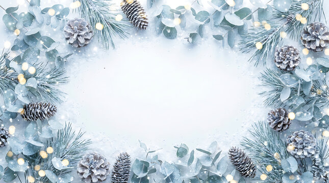 Christmas frame with pine cones and eucalyptus branches