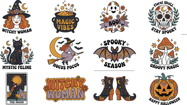 Cute Halloween sticker bundle vector sheet featuring cartoon ghosts skeletons pumpkins and witches with funny spooky typography puns design elements isolated on white.