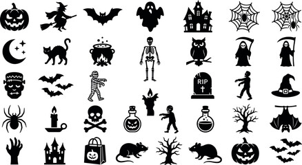 Creative collection of flat black Halloween silhouettes including frankenstein zombie mummy skeleton skull crossbones candles and creepy tree shapes isolated on white background.