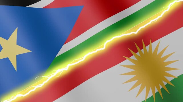Two waving flags South Sudan and Kurdistan with diagonal lightning seamless, 4k loop