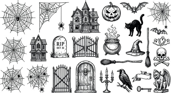  Creative collection of retro black ink style Halloween engraving icons with spiders webs cauldrons ravens black cats and witchy broomstick attributes isolated on white.
