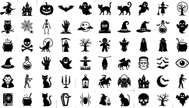  Creative collection of flat black Halloween silhouettes including werewolf vampire coffin mummy zombie skull headless horseman and creepy tree shapes isolated on white.