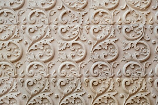 Detailed stone wall surface with intricate carved floral scrollwork and acanthus leaf patterns in a repeating classical architectural relief style