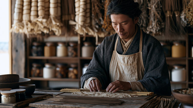 Incense crafter hand-rolling bamboo core sticks in a fragrant paste mixture on a wooden workboard inside a small aromatic workshop, rows of drying incense bundles hanging