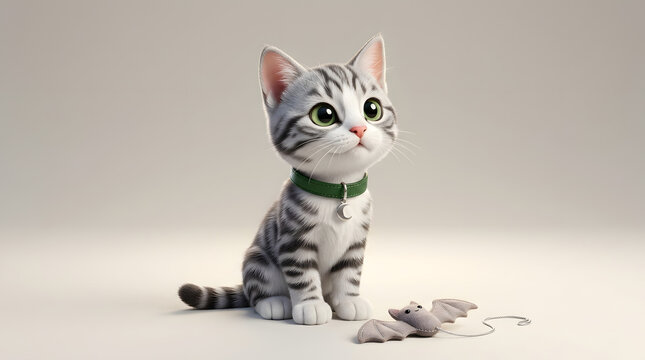 Cute tabby kitten with big eyes. Adorable small cat wearing a green collar.