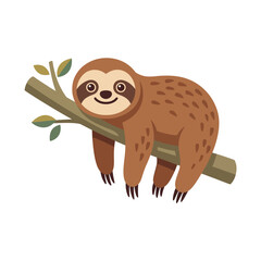 Fototapeta premium Cute cartoon sloth hanging on a tree branch, smiling, isolated on white.