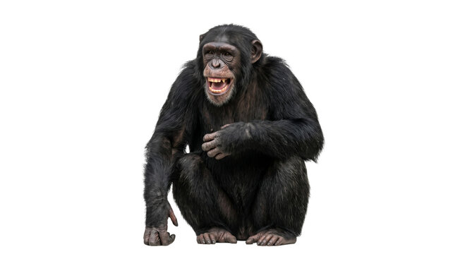 A chimpanzee with an open mouth and visible teeth sits on a white background