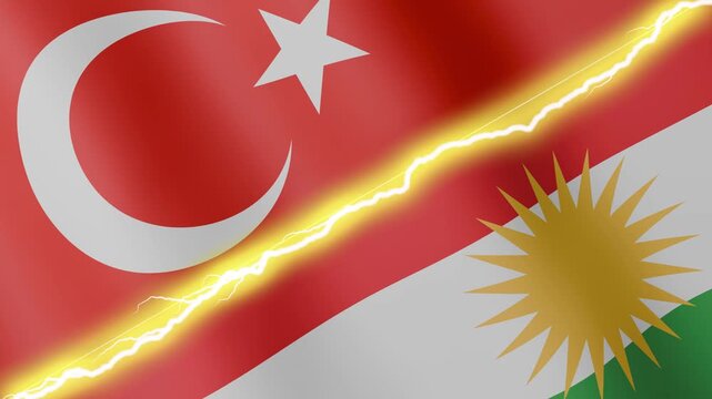 Two waving flags Turkey and Kurdistan with diagonal lightning seamless, 4k loop