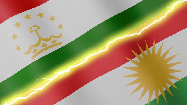 Two waving flags Tajikistan and Kurdistan with diagonal lightning seamless, 4k loop