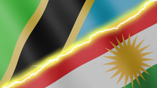 Two waving flags Tanzanian and Kurdistan with diagonal lightning seamless, 4k loop