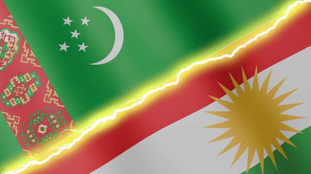 Two waving flags Turkmenistan and Kurdistan with diagonal lightning seamless, 4k loop