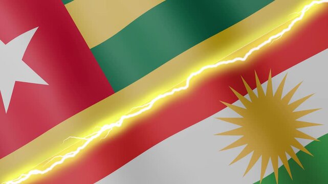 Two waving flags Togolese Republic and Kurdistan with diagonal lightning seamless, 4k loop