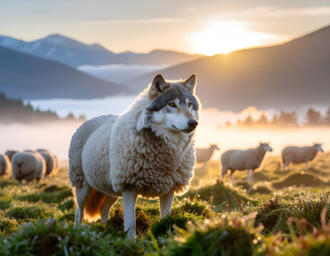 Surreal wolf disguised among sheep in a misty meadow, symbolizing deception, hidden identity, trust, manipulation, and strategic camouflage in a cinematic wildlife concept.