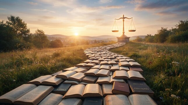 Path of books leading to scales of justice at sunset symbolizing education and law