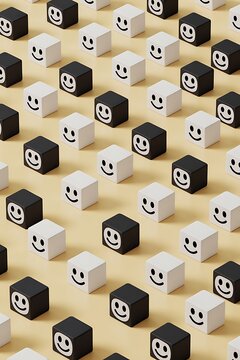 Black and white cubes with smiley faces arranged in geometric pattern on beige background showing minimal happiness concept