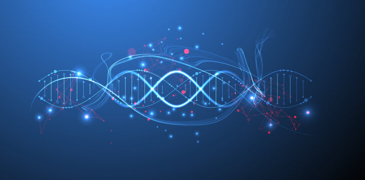 Futuristic biotechnology background with a glowing neon DNA. Vector