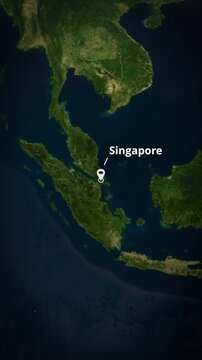 Vertical earth globe zoom to Singapore, Republic of Singapore, featuring a location pin, concentric circle, and typography for a mobile app promo.