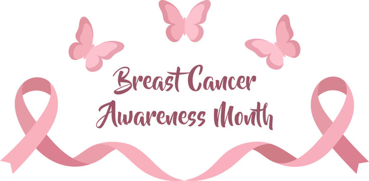 Breast Cancer Awareness Month horizontal banner with flowing pink ribbons and butterflies graphic vector