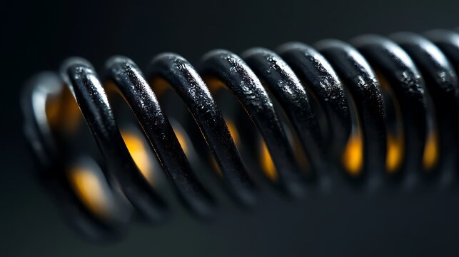 Close-up of a dark metal coil spring with warm light reflecting inside.