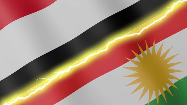 Two waving flags Yemen and Kurdistan with diagonal lightning seamless, 4k loop
