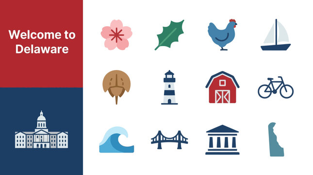 Delaware State Symbols and Landmarks Flat Vector Illustration Set for Travel and Tourism Branding and Educational Graphic Design