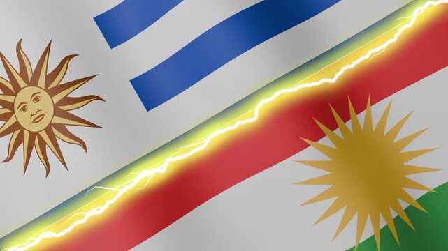 Two waving flags Uruguay and Kurdistan with diagonal lightning seamless, 4k loop