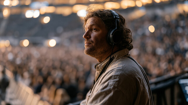 A concert security coordinator in a headset surveys the dense crowd from an elevated platform during a sold-out arena show, stage lighting flooding the scene, event management,
