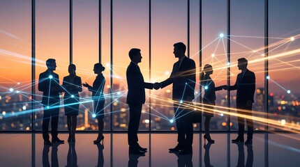 Naklejka na ściany i meble Business people silhouettes shaking hands in modern office skyscraper with digital network overlay during sunset with panoramic city skyline view representing global corporate connectivity