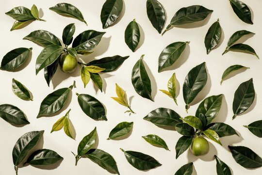Flat lay arrangement of fresh green citrus leaves and two whole green fruits on a light beige background, with soft natural, shadows and textures