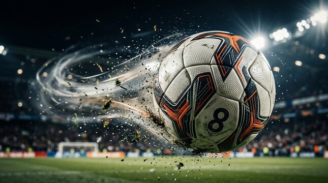 Soccer ball in motion with stadium lights and crowd background dynamic action