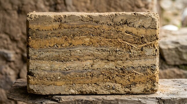 Rectangular adobe brick crafted from raw earth and dried straw showing textured layers of natural building material for sustainable construction
