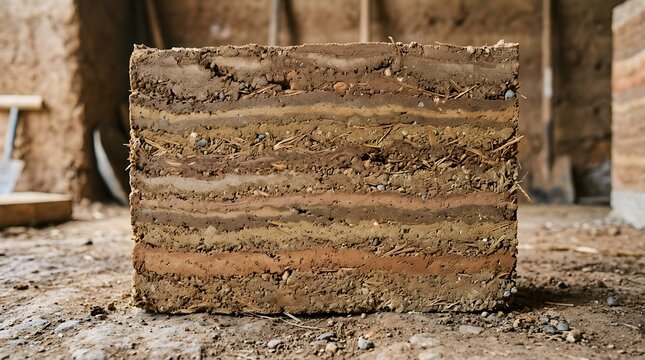 A rectangular section of compressed earth showing distinct layered strata of soil and organic straw fibers used for sustainable construction