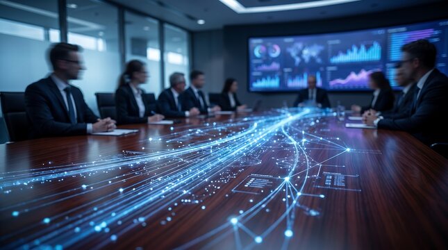 Corporate team analyzing digital data flow visualization on boardroom table in modern office with financial charts on background wall