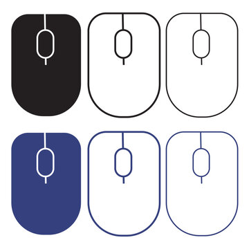 Minimalist computer mouse icon set, 6 vector line and solid flat icons, modern hardware peripheral symbols for web and interface design