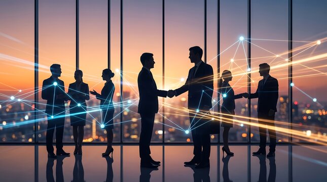 Business people silhouettes shaking hands in modern office skyscraper with digital network overlay during sunset with panoramic city skyline view representing global corporate connectivity