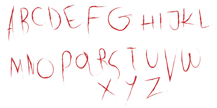 A complete set of capital English letters illustrated with a dark red scratched horror font style