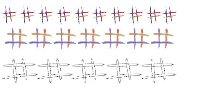 A collection of assorted hashtag symbols displayed in three horizontal rows with different styles