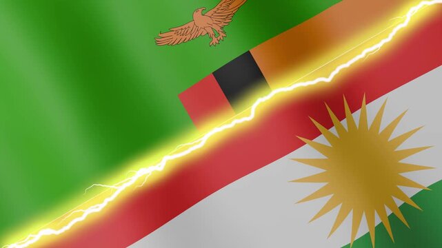 Two waving flags Zambia and Kurdistan with diagonal lightning seamless, 4k loop